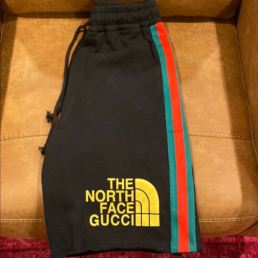 Gucci x The North Face Black Athletic Shorts with Red and Green Stripes